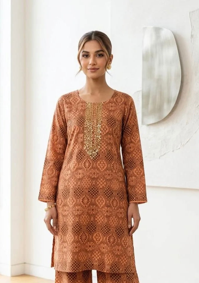 Women's Printed Kurta Pajama Set Brown