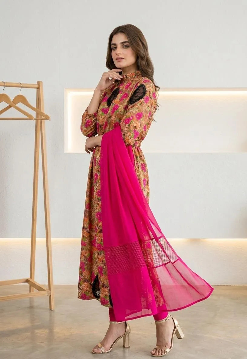 Pakistani Floral Printed Kurta Set with Pink Dupatta