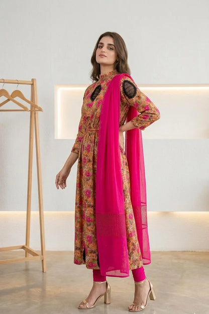 Pakistani Floral Printed Kurta Set with Pink Dupatta