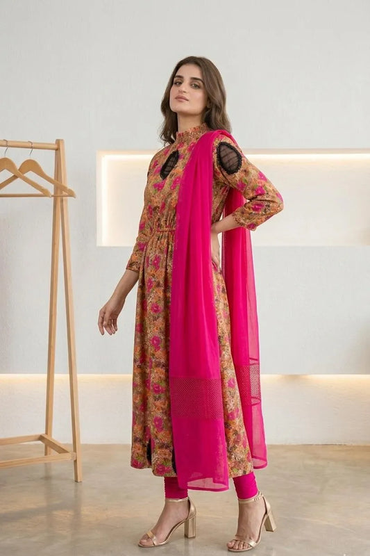 Pakistani Floral Printed Kurta Set with Pink Dupatta