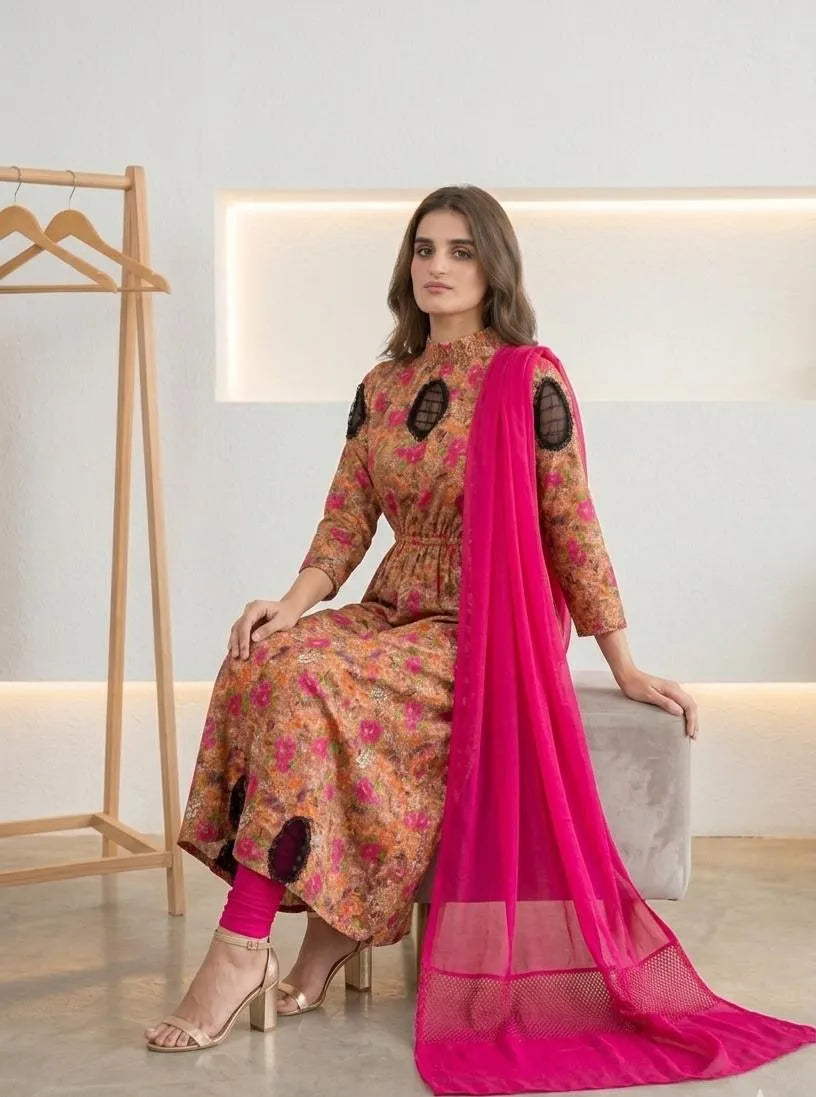 Pakistani Floral Printed Kurta Set with Pink Dupatta