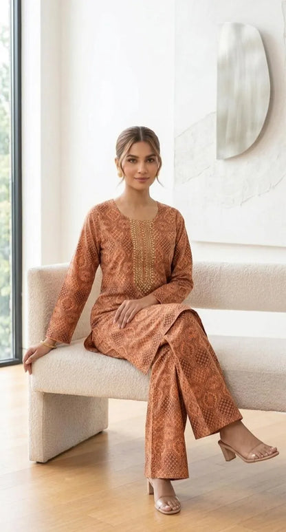 Women's Printed Kurta Pajama Set Brown