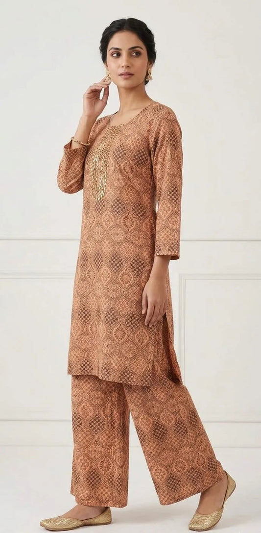 Women's Printed Kurta Pajama Set Brown