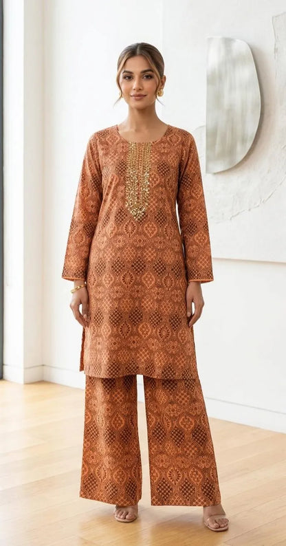 Women's Printed Kurta Pajama Set Brown