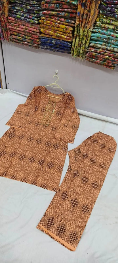 Women's Printed Kurta Pajama Set Brown