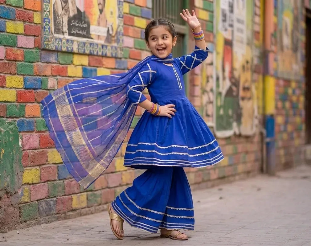 Blue Kurta Pajama Set for Girls with Chiffon Dupatta