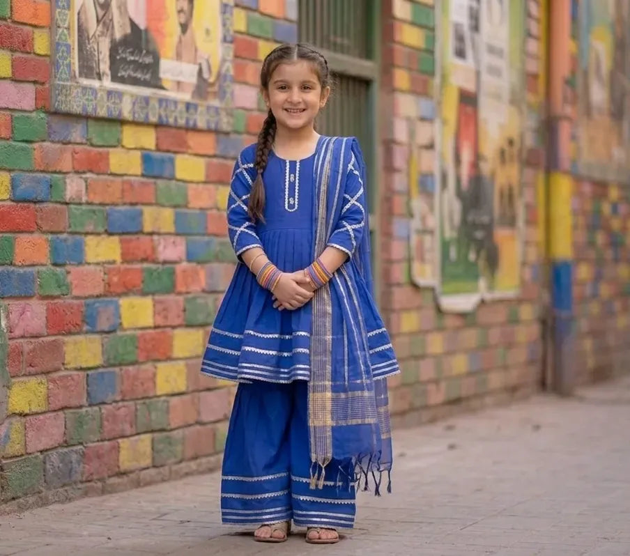 Blue Kurta Pajama Set for Girls with Chiffon Dupatta