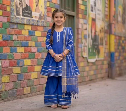 Blue Kurta Pajama Set for Girls with Chiffon Dupatta