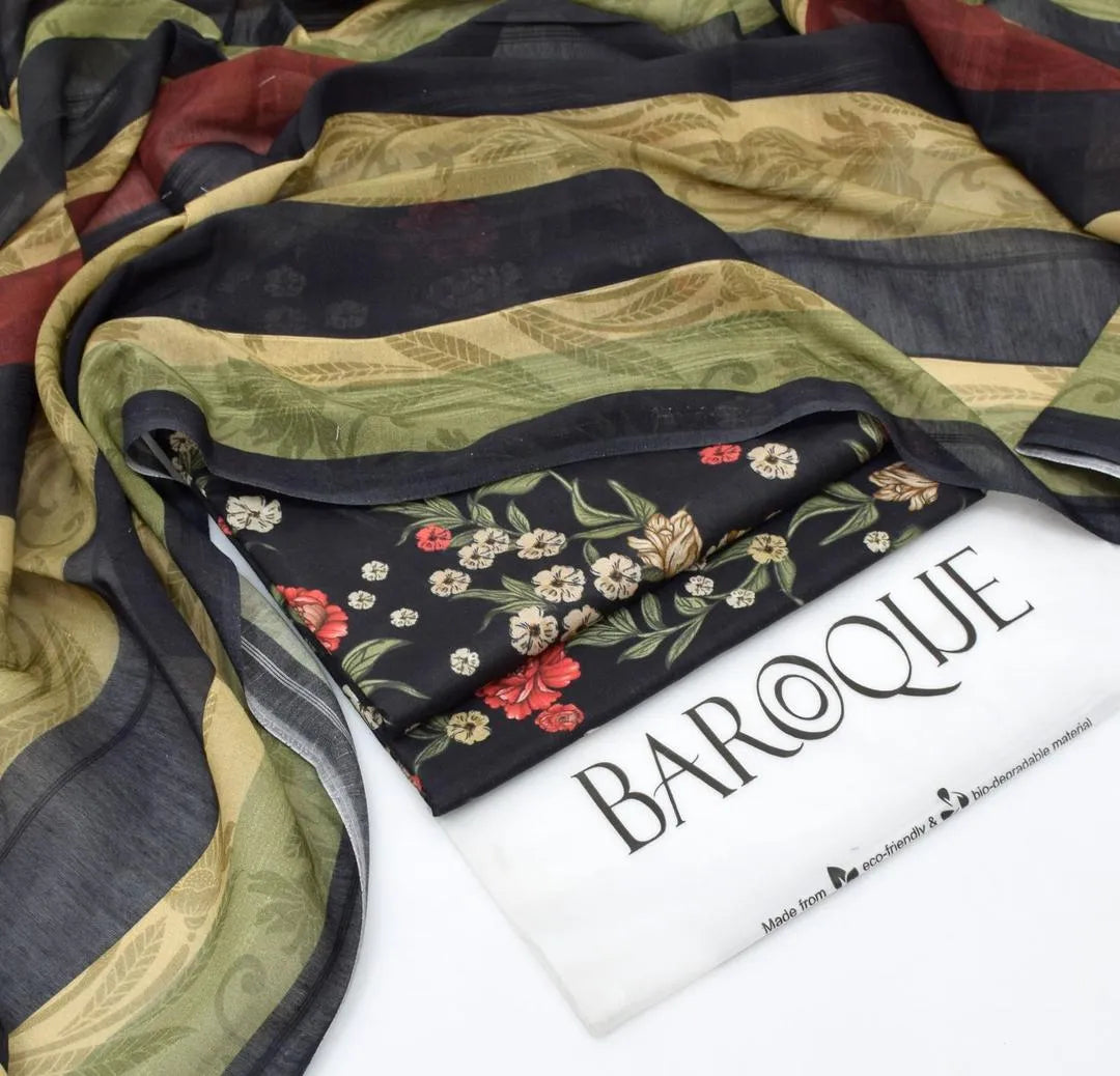 LAWAN 3P Embroidered Black Kurta with Scarf Set