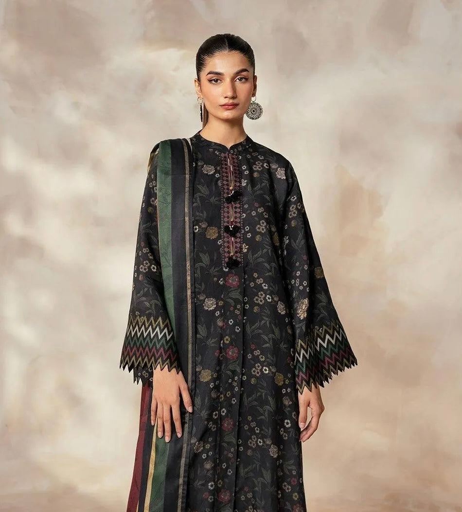 LAWAN 3P Embroidered Black Kurta with Scarf Set