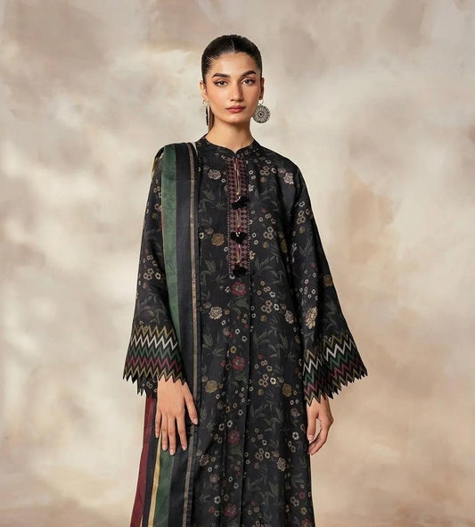 LAWAN 3P Embroidered Black Kurta with Scarf Set
